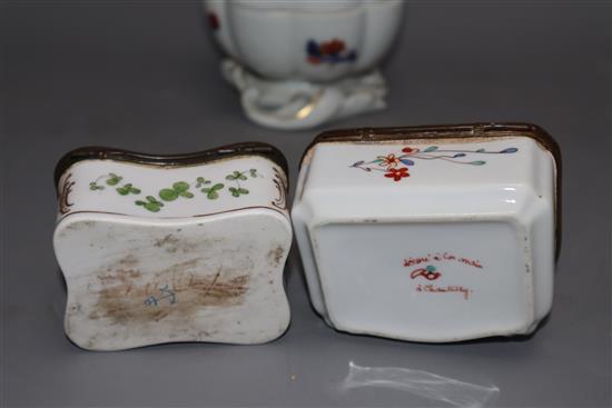 A Portuguese enamel box and cover and two other porcelain caskets, largest 13cm